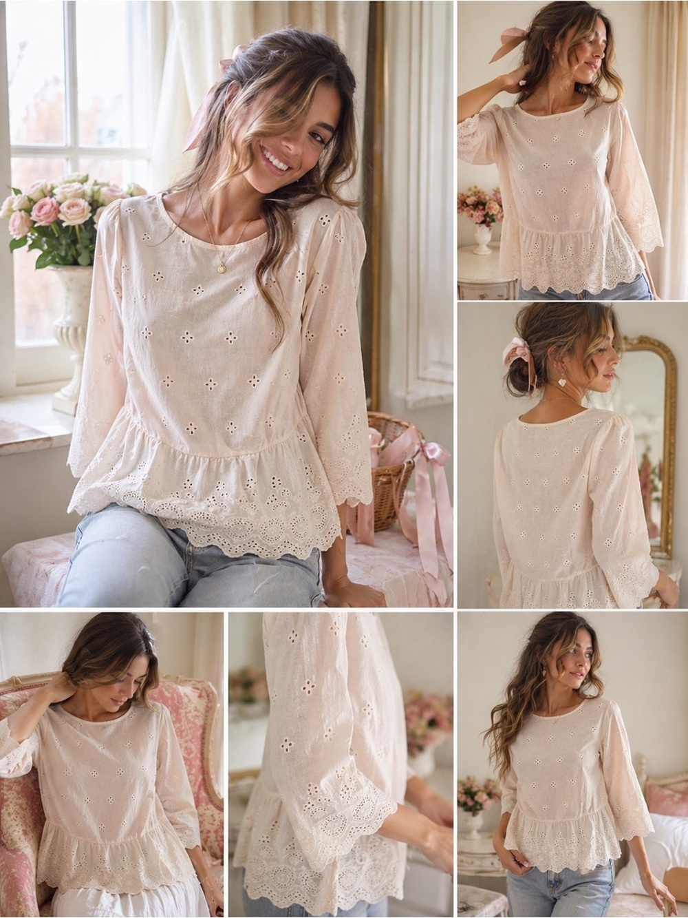 Valentina Naldi Italy Ivory Blush Eyelet Blouse Sz S Peplum Top Cottagecore Boho